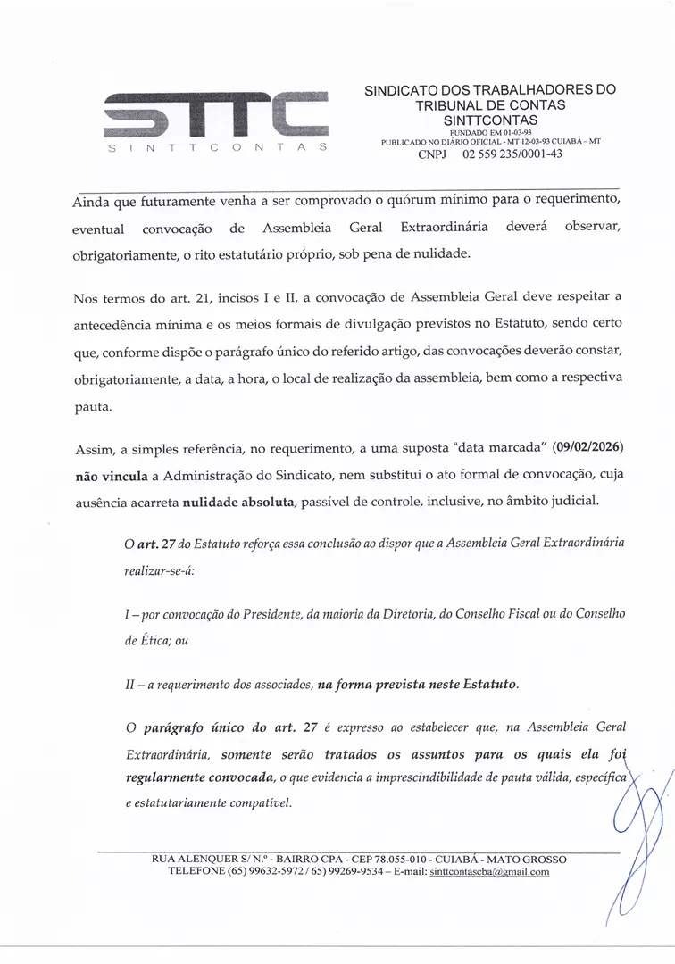 SinttContas esclarece associados sobre pedido de Assembleia Geral Extraordinária e reforça respeito ao Estatuto